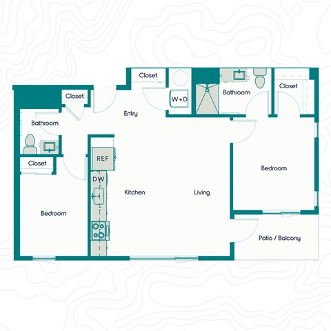 Floor plan for 2 beds, 2 baths, 909 sqft